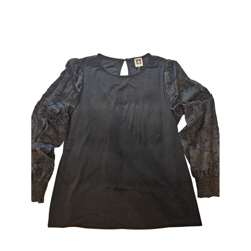 Anne Klein Womens Black Floral Burnout Sheer Sleeve Keyhole Blouse Medium
